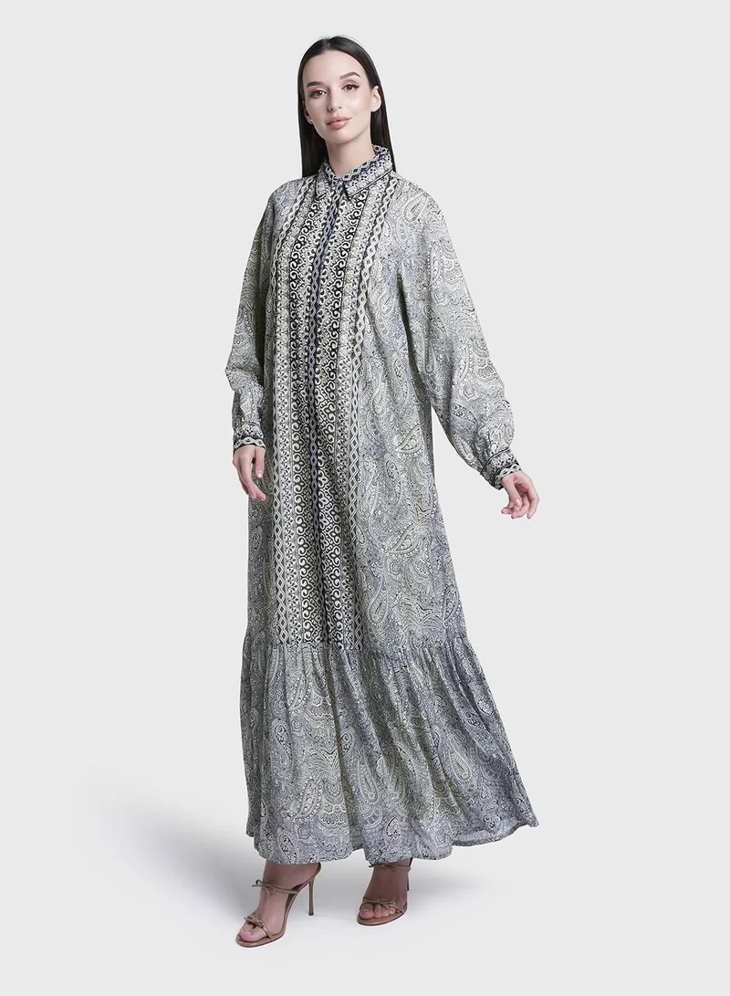 Kashkha  Lemon Paisley Print Hand Work Georgette Long Shirt Dress (VW362) for Women | Best Price UAE