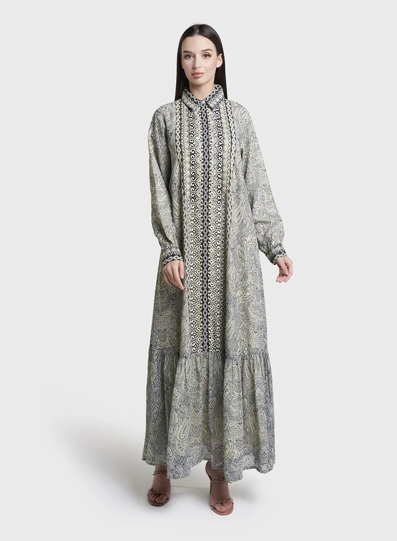 كشخة Lemon Paisley Print Hand Work Georgette Long Shirt Dress (VW362)