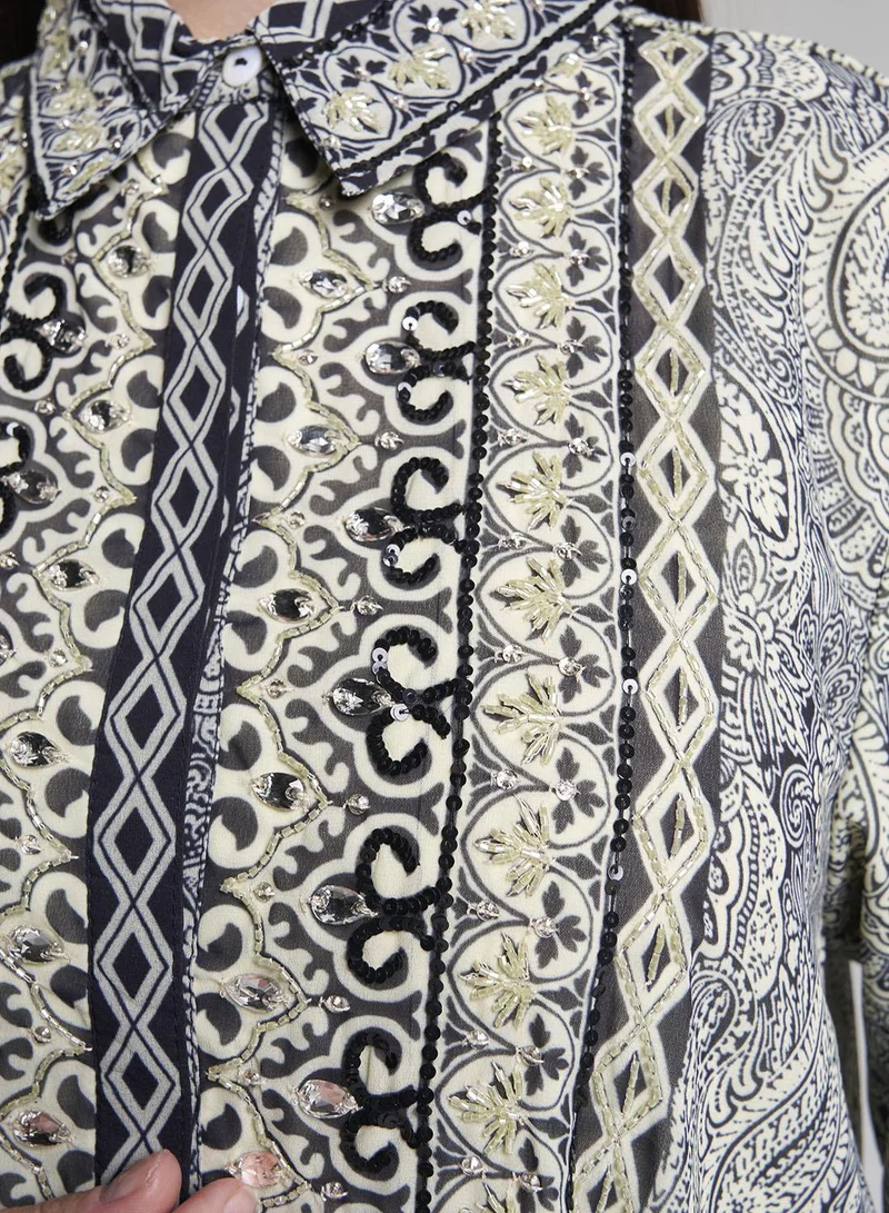 Kashkha  Lemon Paisley Print Hand Work Georgette Long Shirt Dress (VW362) for Women | Best Price UAE