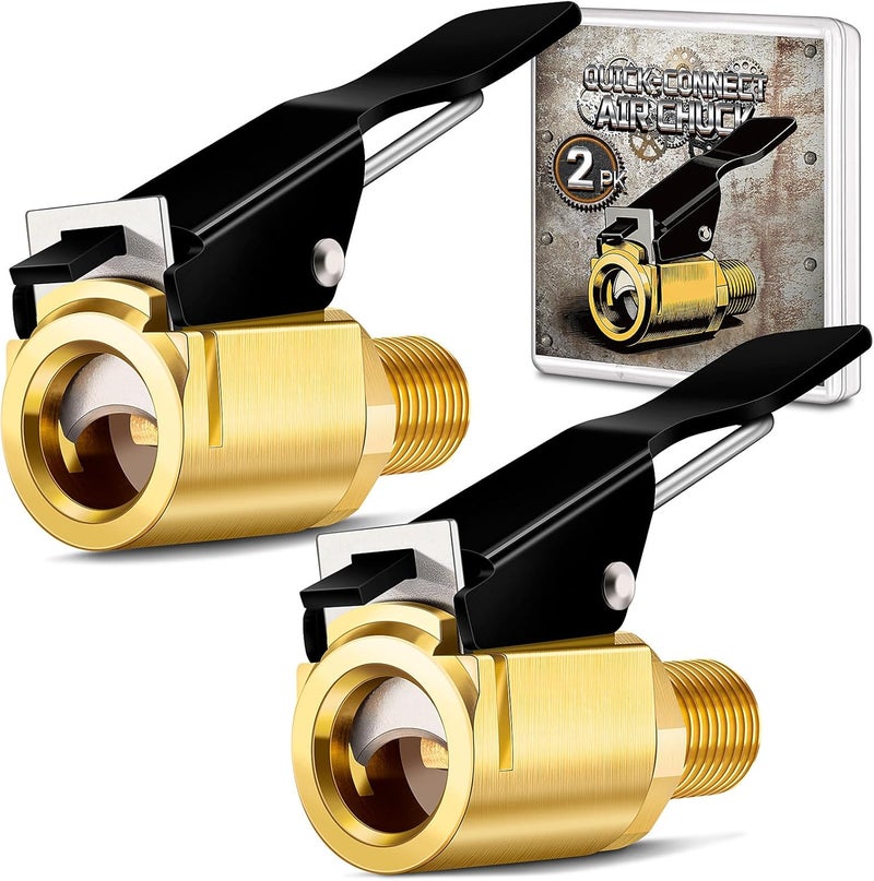 LUMITECO 2-Pack Quick Connect Tire Inflator Air Chuck, Locking Tire Inflation Hose Adapter for Air Compressors & Valve Stems, Brass Tire Nozzle with Speed Clip for Threaded Twist Connection Convert to Lock On - Image 1
