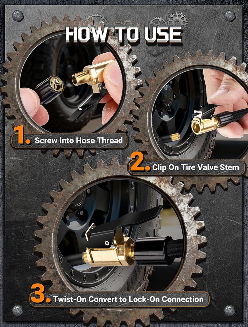 LUMITECO 2-Pack Quick Connect Tire Inflator Air Chuck, Locking Tire Inflation Hose Adapter for Air Compressors & Valve Stems, Brass Tire Nozzle with Speed Clip for Threaded Twist Connection Convert to Lock On - Image 4