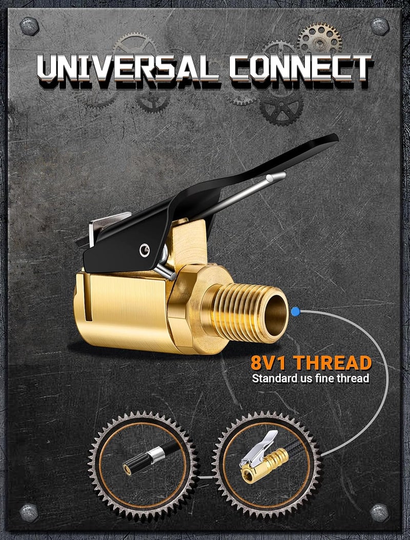 LUMITECO 2-Pack Quick Connect Tire Inflator Air Chuck, Locking Tire Inflation Hose Adapter for Air Compressors & Valve Stems, Brass Tire Nozzle with Speed Clip for Threaded Twist Connection Convert to Lock On - Image 2