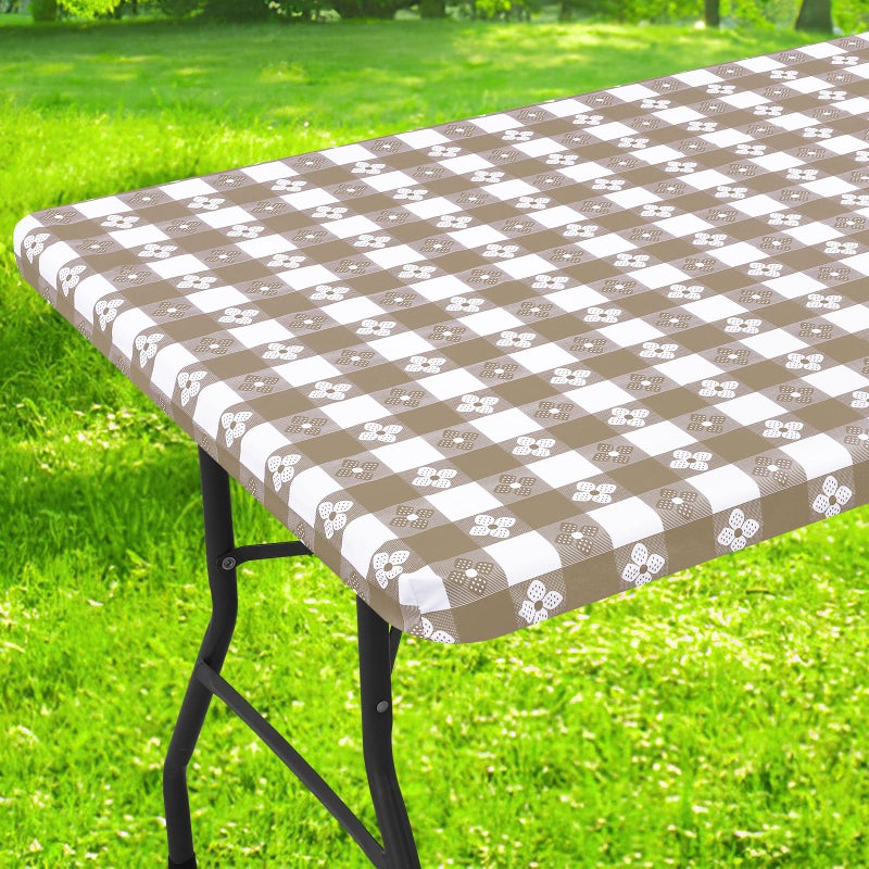 Spotjoy Rectangle Vinyl Table Cloth  Waterproof Elastic Fitted Tablecloth with Flannel Backing  Plastic Table Cover for Picnic  Camping  Outdoor (Khaki & White  30""x48"") - Image 1