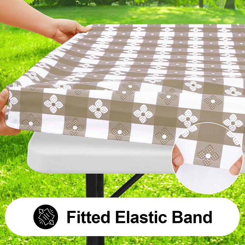 Spotjoy Rectangle Vinyl Table Cloth  Waterproof Elastic Fitted Tablecloth with Flannel Backing  Plastic Table Cover for Picnic  Camping  Outdoor (Khaki & White  30""x48"") - Image 2