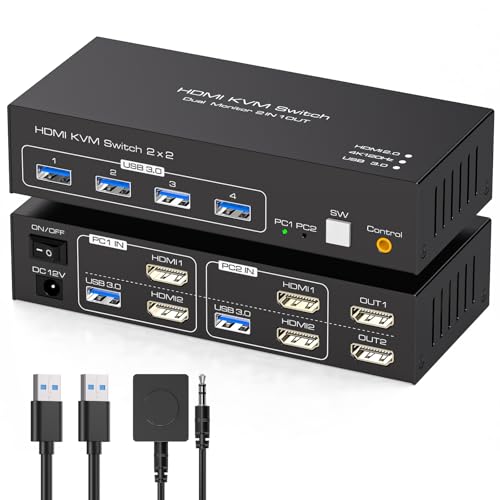 TJCXELE 4K@120Hz KVM Switch 2 Monitors 2 Computers 8K@60Hz HDMI KVM Switch Share Dual Monitor and 4 USB Devices Support Extended/Copy Mode with USB 3.0 Cables and Extended Controller - Image 1