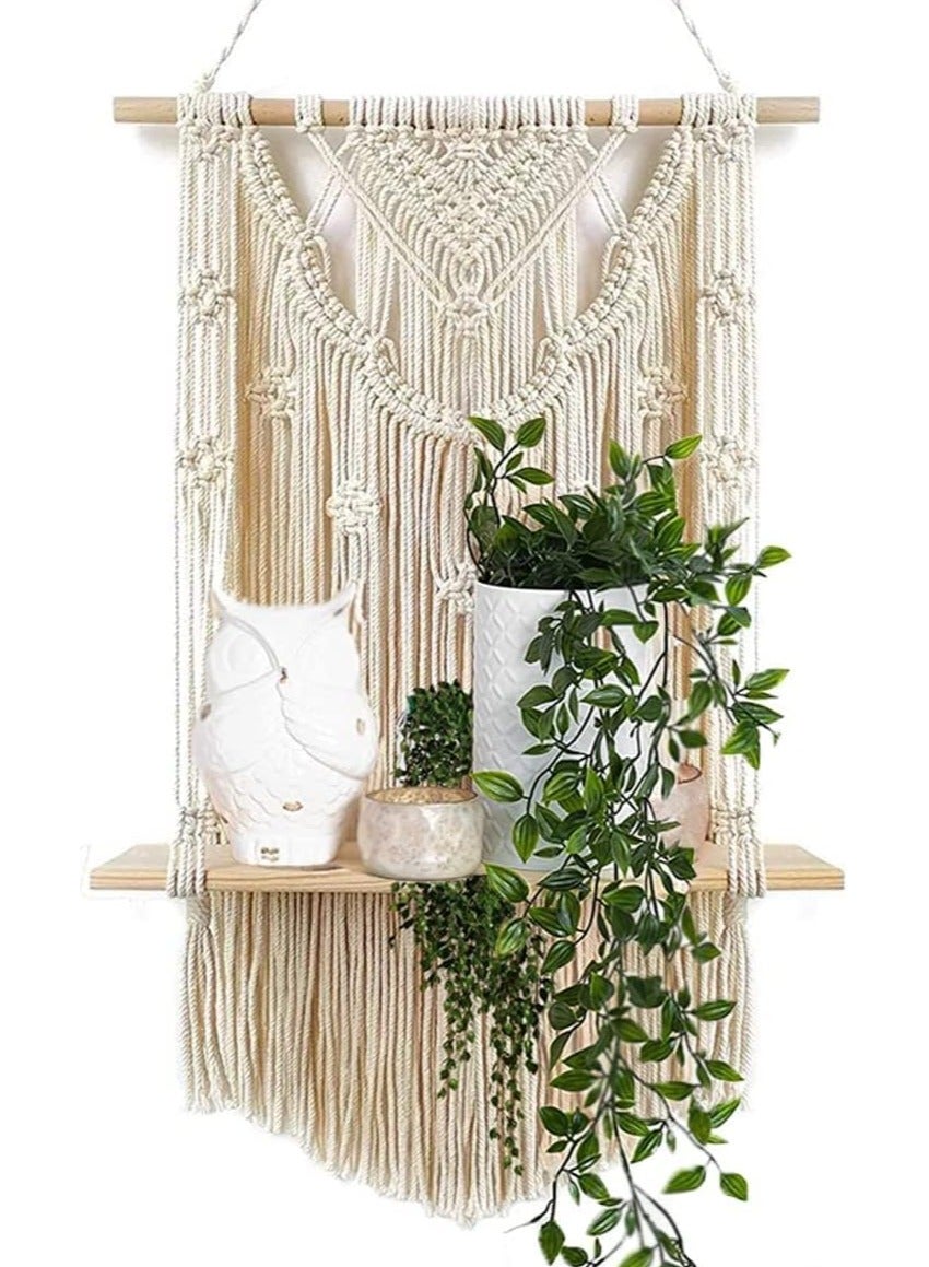 Handmade Macramé Wall Shelf with Elegant Woven Details and a Wooden Display Shelf, Perfect for Plants and Decorative Accents – 65 × 40 cm