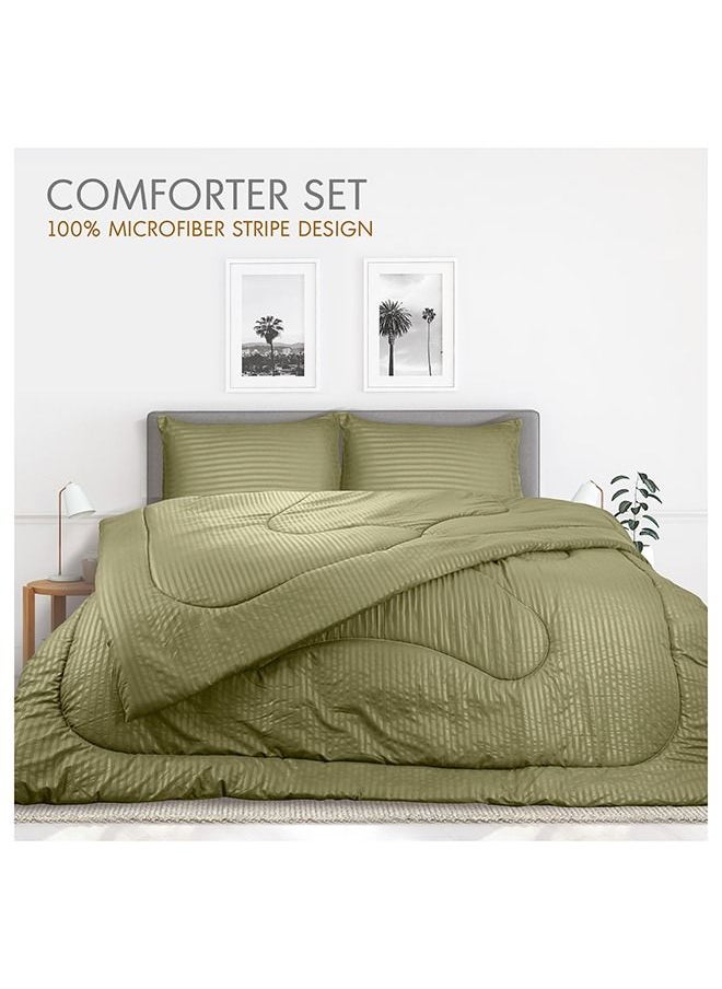 Hotel Linen Klub - Down Alternative Comforter  Set -Ultra Soft Brushed Stripe Microfiber Fabric, 200GSM Soft Fibersheet Filling, Size : King  240 x 260cm , Color: Olive - Image 1