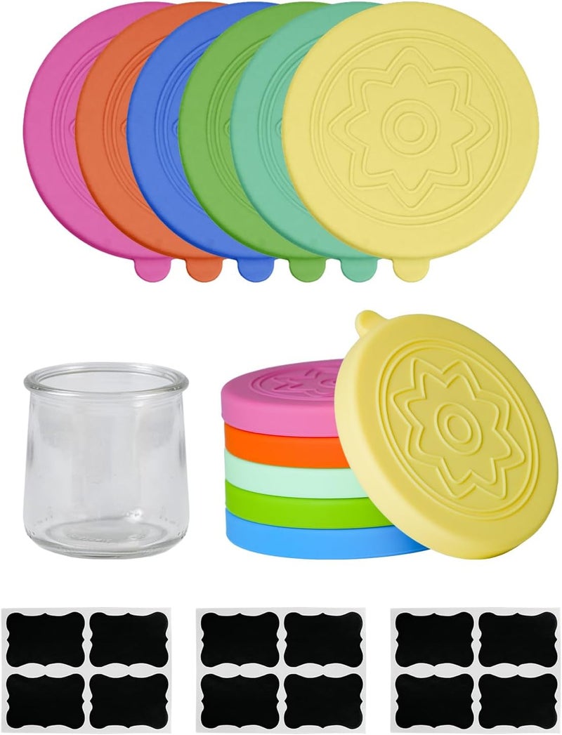TERESRY 12 Pack Silicone Oui Yogurt Jar Lids with 12 Labels, Food-Grade Lids for 5Oz Oui Yogurt Jars, Reusable Silicone Canning Covers Perfect for Oui Yogurt Bottle(Jar not Includ) - Image 1