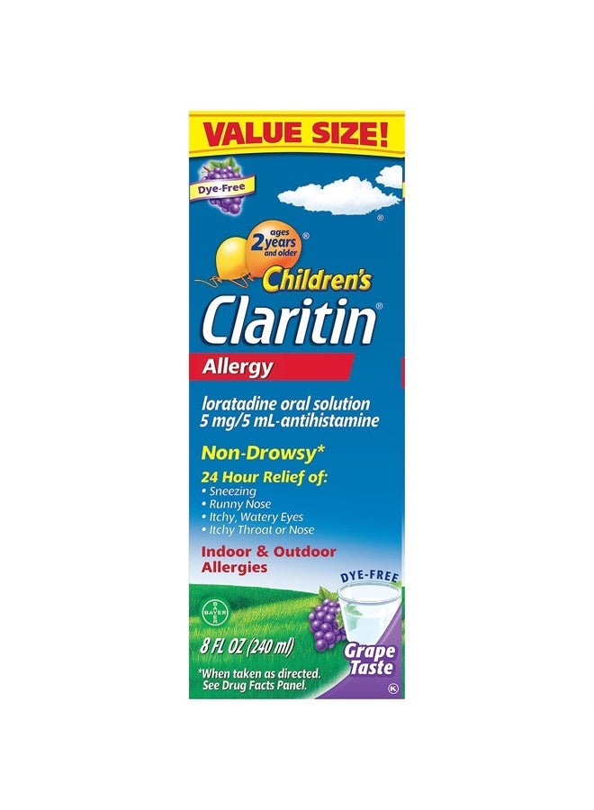 Claritin دواء الحساسية للأطفال لمدة 24 ساعة، تخفيف الحساسية غير مسبب للنعاس، لوراتادين مضاد الهيستامين، شراب بنكهة العنب، 8 أونصات - Image 1