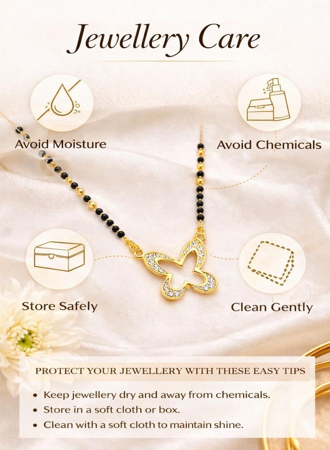 VIEN Gold Plated Butterfly Mangalsutra Necklace for Women with Black Beads & CZ Stones, Stylish Short Mangalsutra Chain Daily Wear Jewellery Gift for Wife - Image 5