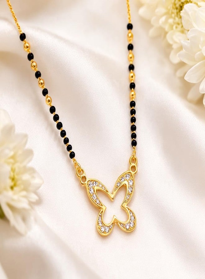 VIEN Gold Plated Butterfly Mangalsutra Necklace for Women with Black Beads & CZ Stones, Stylish Short Mangalsutra Chain Daily Wear Jewellery Gift for Wife - Image 3