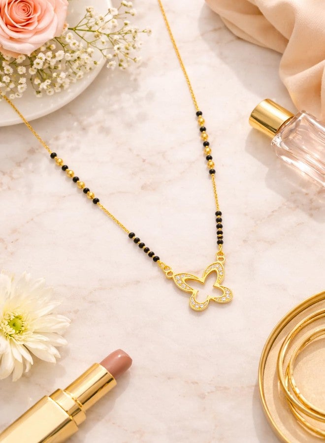 VIEN Gold Plated Butterfly Mangalsutra Necklace for Women with Black Beads & CZ Stones, Stylish Short Mangalsutra Chain Daily Wear Jewellery Gift for Wife - Image 4