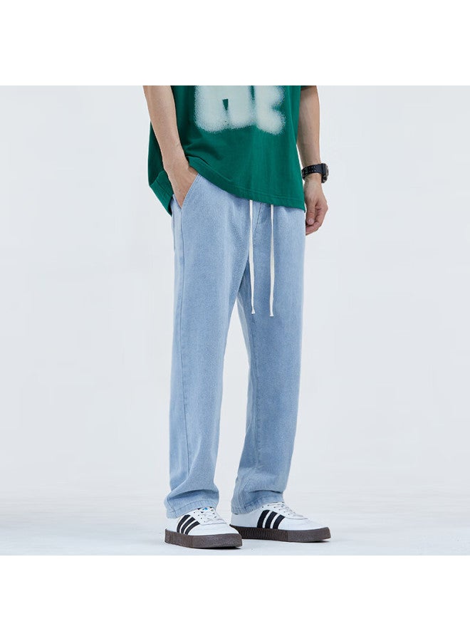 Vancamel Men's Loose Straight Casual Korean Style Draped Wide-leg Cropped Jeans Light Blue S - Image 3