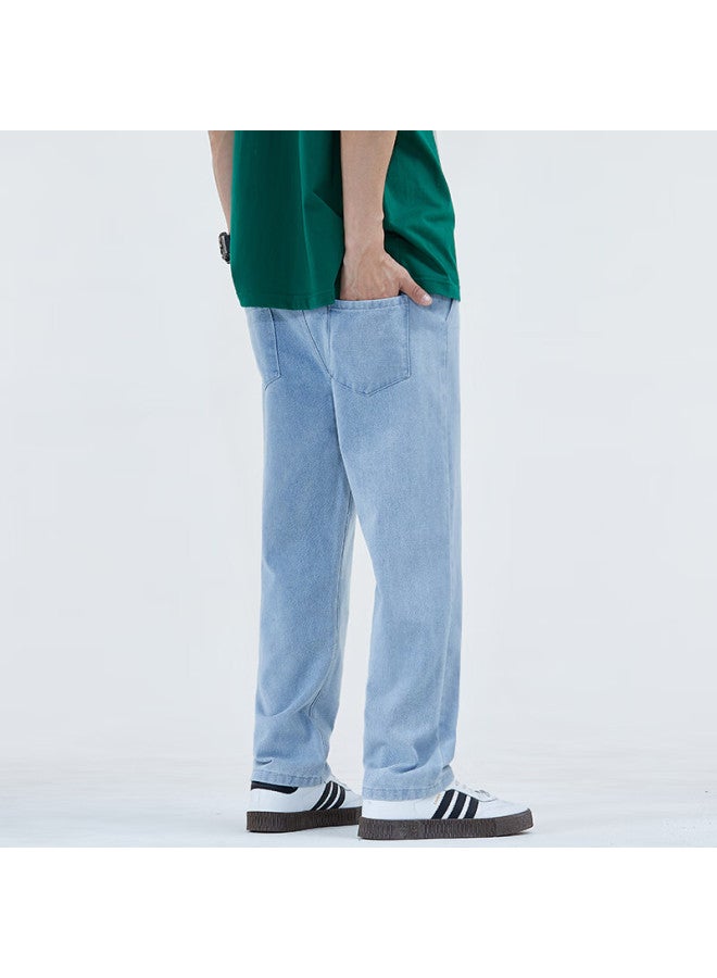 Vancamel Men's Loose Straight Casual Korean Style Draped Wide-leg Cropped Jeans Light Blue S - Image 2