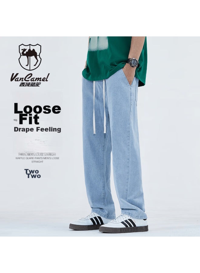 Vancamel Men's Loose Straight Casual Korean Style Draped Wide-leg Cropped Jeans Light Blue S - Image 1
