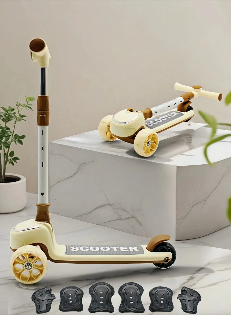 إيزي فيتشور سكوتر EASY FUTURE القابل للطي للأطفال بمقبض قابل لتعديل الارتفاع، وعجلات LED PU، وفرامل خلفية وموسيقى - مثالي للأعمار من 3 إلى 8 سنوات بما في ذلك مجموعة معدات الحماية - Image 1