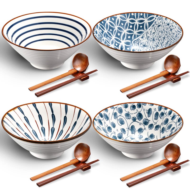 Zopeal Ceramic Ramen Bowl Set of 4 40 Ounce Japanese Large Ramen Bowls with Chopsticks and Spoons and Racks Ceramic Asian Soup Bowl Stand for Udon Soba Pho Asian Noodles Soup Salad Pasta