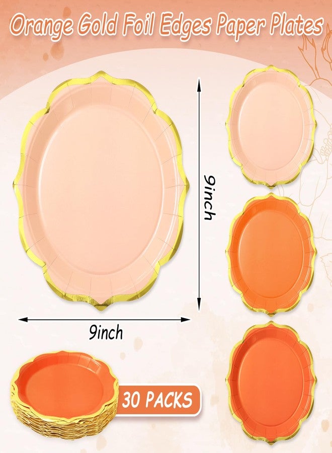 Whaline 30Pcs Orange Paper Plates 9 Inch Gold Foil Scalloped Disposable Plate Retro 3 Colors Dessert Salad Plate for Graduation Birthday Baby Shower Wedding Party Supplies Table Decor - Image 2
