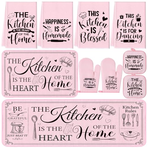 Fourluoo 10 Pcs Farmhouse Kitchen Decor and Accessories Set 4 Kitchen Towels 2 Pot Holders 2 Oven Mitts 2 Rugs for Cooking Baking Mom Housewarming GiftsPinkClassic Style - Image 1