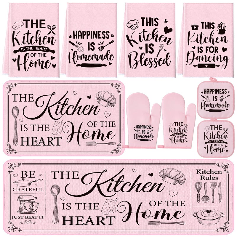 Fourluoo 10 Pcs Farmhouse Kitchen Decor and Accessories Set 4 Kitchen Towels 2 Pot Holders 2 Oven Mitts 2 Rugs for Cooking Baking Mom Housewarming GiftsPinkClassic Style - Image 2
