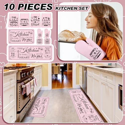 Fourluoo 10 Pcs Farmhouse Kitchen Decor and Accessories Set 4 Kitchen Towels 2 Pot Holders 2 Oven Mitts 2 Rugs for Cooking Baking Mom Housewarming GiftsPinkClassic Style - Image 3