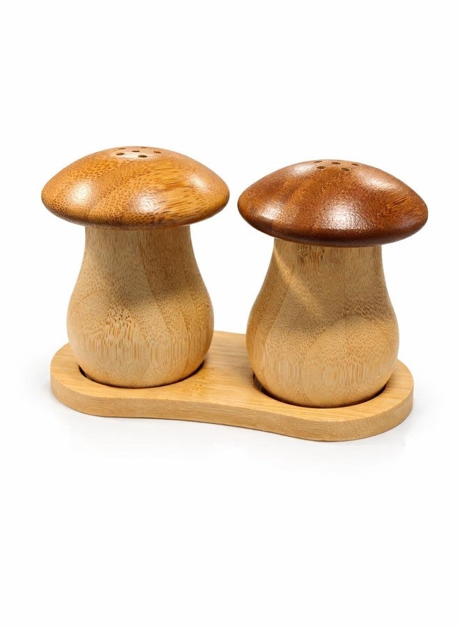 Teraabliss Bamboo Salt and Pepper Shakers Set with Stand Natural Wooden Spice Dispenser Bottles, Refillable Salt & Pepper Holder Set for Kitchen,Restaurant (Mushroom Pepper & Salt Shaker) - Image 1