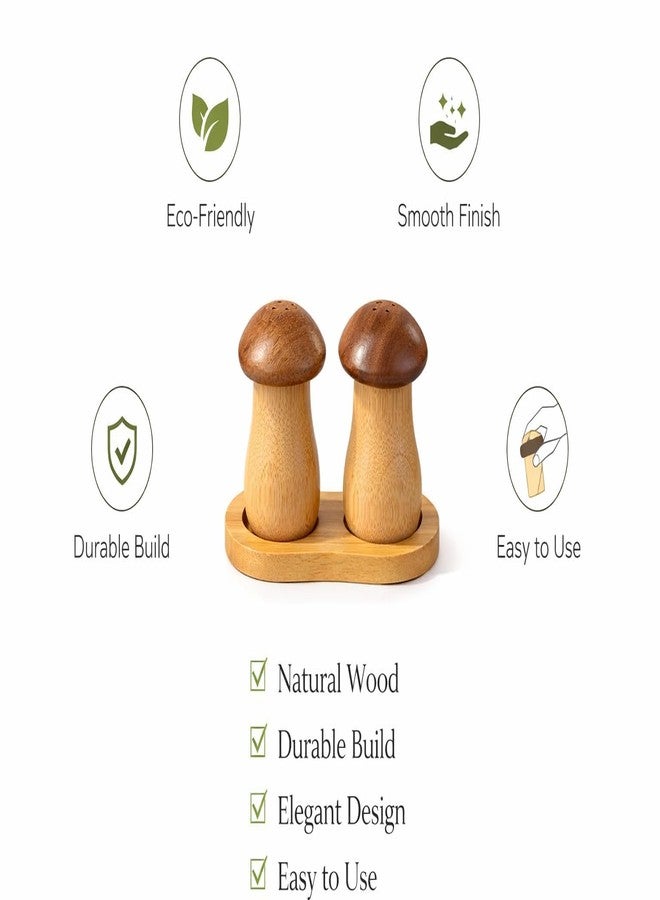 Teraabliss Bamboo Salt and Pepper Shakers Set with Stand Natural Wooden Spice Dispenser Bottles, Refillable Salt & Pepper Holder Set for Kitchen,Restaurant (Mushroom Pepper & Salt Shaker) - Image 2
