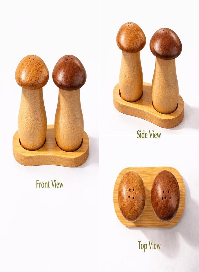 Teraabliss Bamboo Salt and Pepper Shakers Set with Stand Natural Wooden Spice Dispenser Bottles, Refillable Salt & Pepper Holder Set for Kitchen,Restaurant (Mushroom Pepper & Salt Shaker) - Image 3