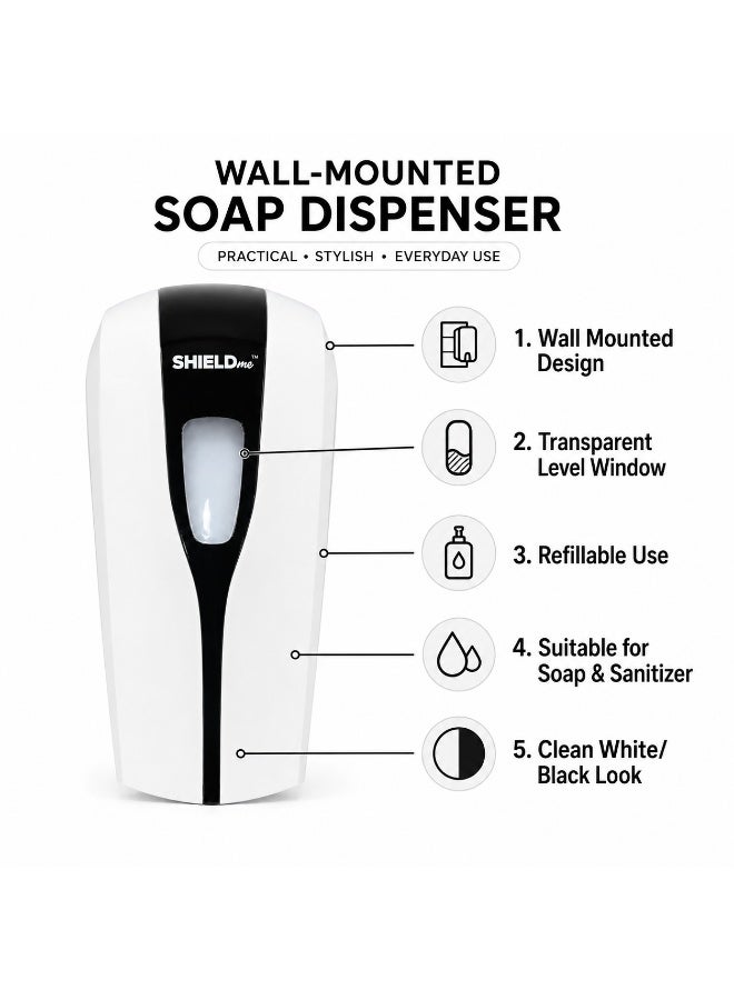 SHIELDme Wall Mounted Soap Dispenser, Liquid Hand Wash & Sanitizer Dispenser for Bathroom Kitchen Office Washroom, White/Black - Image 2