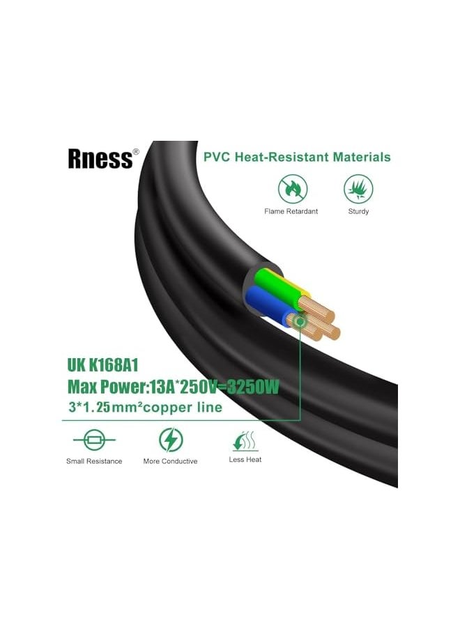 Rness Rness Extension Lead with Fused Mains,1 Way Extension Cord 9.84FT/3M with UK 3 Pin Plug Power Strip Surge Protected,Copper Bold Extension Cable,Tough and Fireproof (3M)  - Image 2