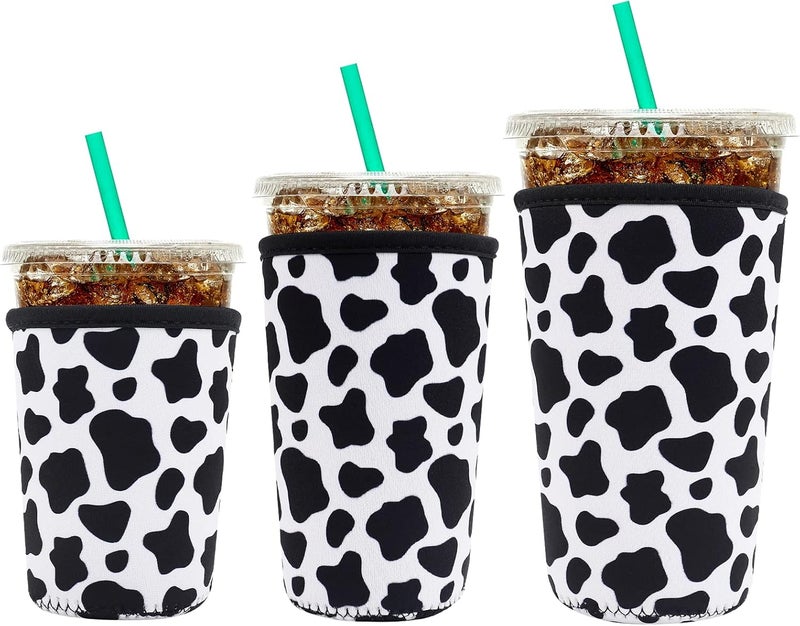 YR Reusable Neoprene Insulator Sleeve for Iced Coffee Cups, 3 Pack Coffee Coolies sleeves for Iced u0026 Hot Drinks, Cold Beverage Cooler Compatible with Starbucks Coffee and More (Cow) - Image 1