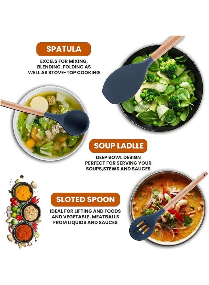 TIGER طقم أدوات المطبخ السيليكون - 12 قطعة أدوات طهي مقاومة للحرارة مع حامل، ملقط غير لاصق، ملعقات، مغرفة والمزيد - آمنة للغسالة، غير خادشة، سهلة التنظيف، متينة وصديقة للبيئة - رمادي - Image 4