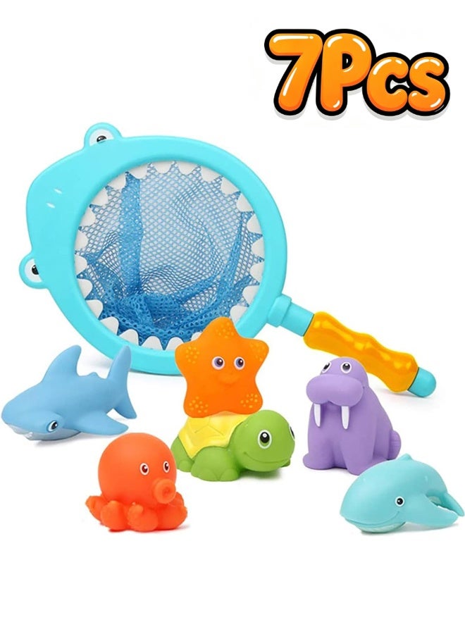7 Pcs Bath Toy Set, Fish Net Game in Bathtub Bathroom, Floating Animals Squirts Toys Games Playing Set with Fishing Net,Ocean Animal Bath Toys, for Pool, Bathtub, Beach - Image 1