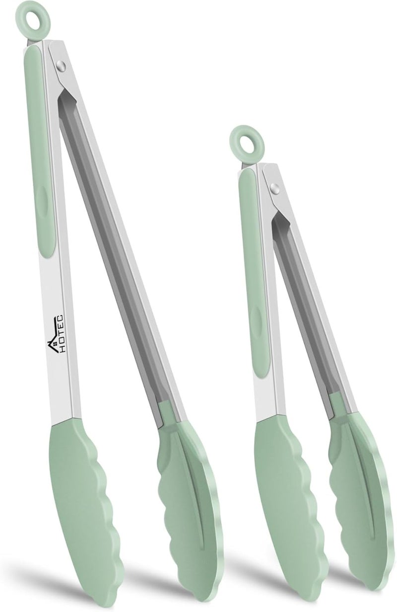HOTEC Premium 7 & 9 Inch Kitchen Tongs, Stainless Steel Locking Cooking Tongs with Silicone Tips, Non-Scratch & Heat Resistant, Serving Tongs for Salad, BBQ, Light Green, Set of 2 - Image 1