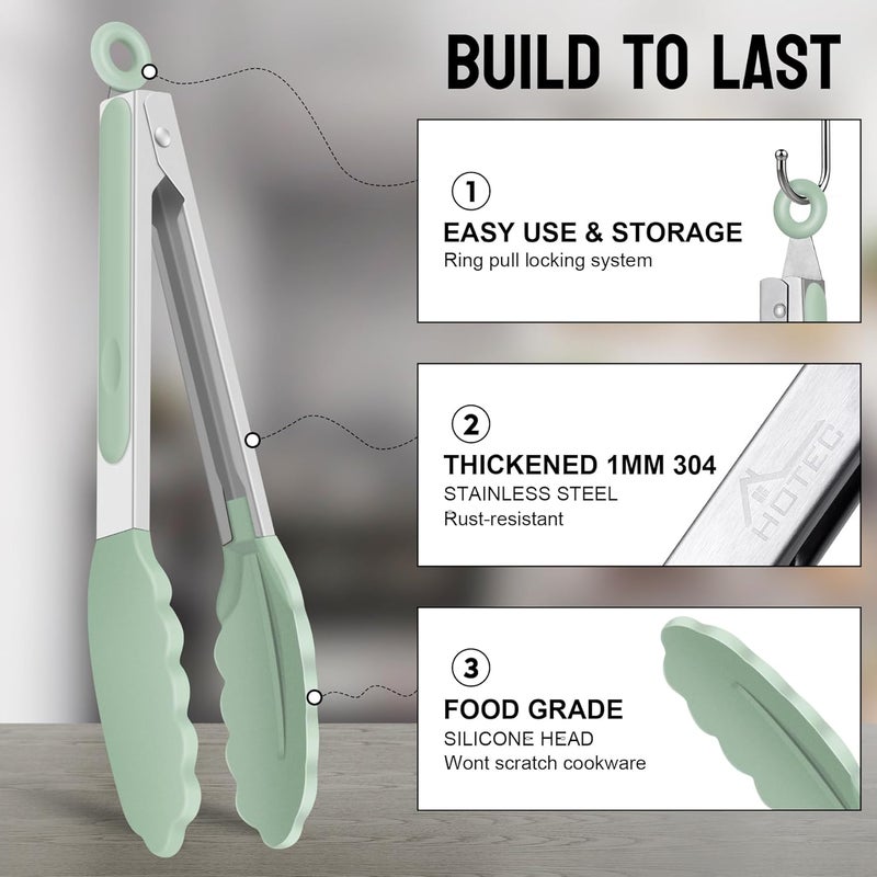 HOTEC Premium 7 & 9 Inch Kitchen Tongs, Stainless Steel Locking Cooking Tongs with Silicone Tips, Non-Scratch & Heat Resistant, Serving Tongs for Salad, BBQ, Light Green, Set of 2 - Image 3