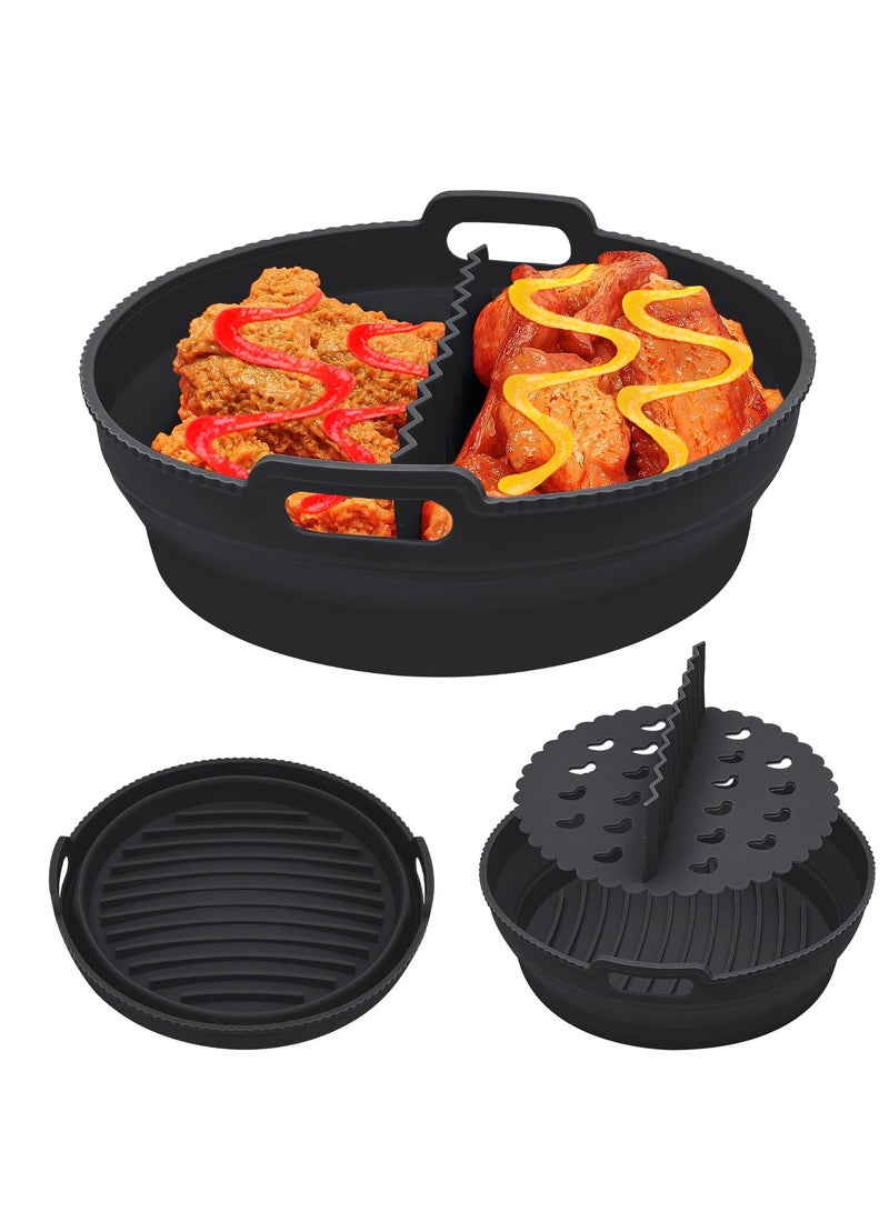 SYOSI Air Fryer Silicone Liner, 8.5Inch Air Fryer Silicone Liner Foldable Round Silicone Air Fryer Liner with Divider Non-Stick Reusable Air Fryer Liner for 5qt to 8qt Air Fryer (Black) - Image 1