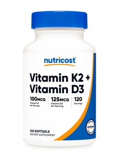 Nutricost Vitamin K2 + Vitamin D3, 100 Mcg Vitamin K2 Per Serving, 125 Mcg Vitamin D3 Per Serving, 120 Servings, Dietary Supplement 120 Softgels  - Image 1