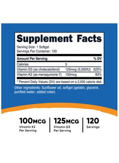 Nutricost Vitamin K2 + Vitamin D3, 100 Mcg Vitamin K2 Per Serving, 125 Mcg Vitamin D3 Per Serving, 120 Servings, Dietary Supplement 120 Softgels  - Image 2