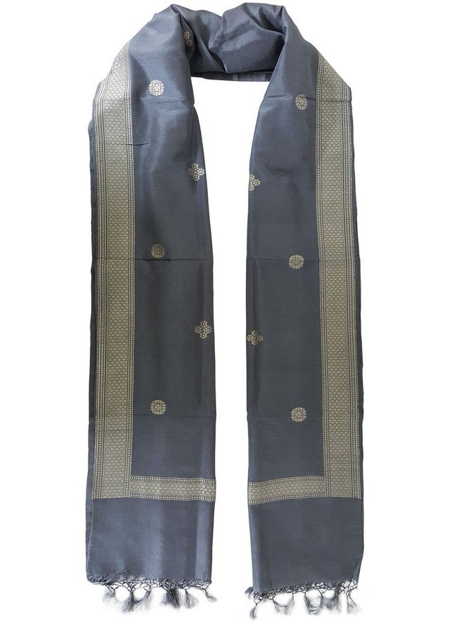 Mehrunnisa Handcrafted Banarasi Silk Cotton Stole With Zari Buti - Unisex (Grey) - Image 2