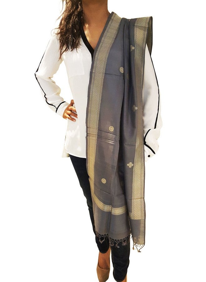 Mehrunnisa Handcrafted Banarasi Silk Cotton Stole With Zari Buti - Unisex (Grey) - Image 1