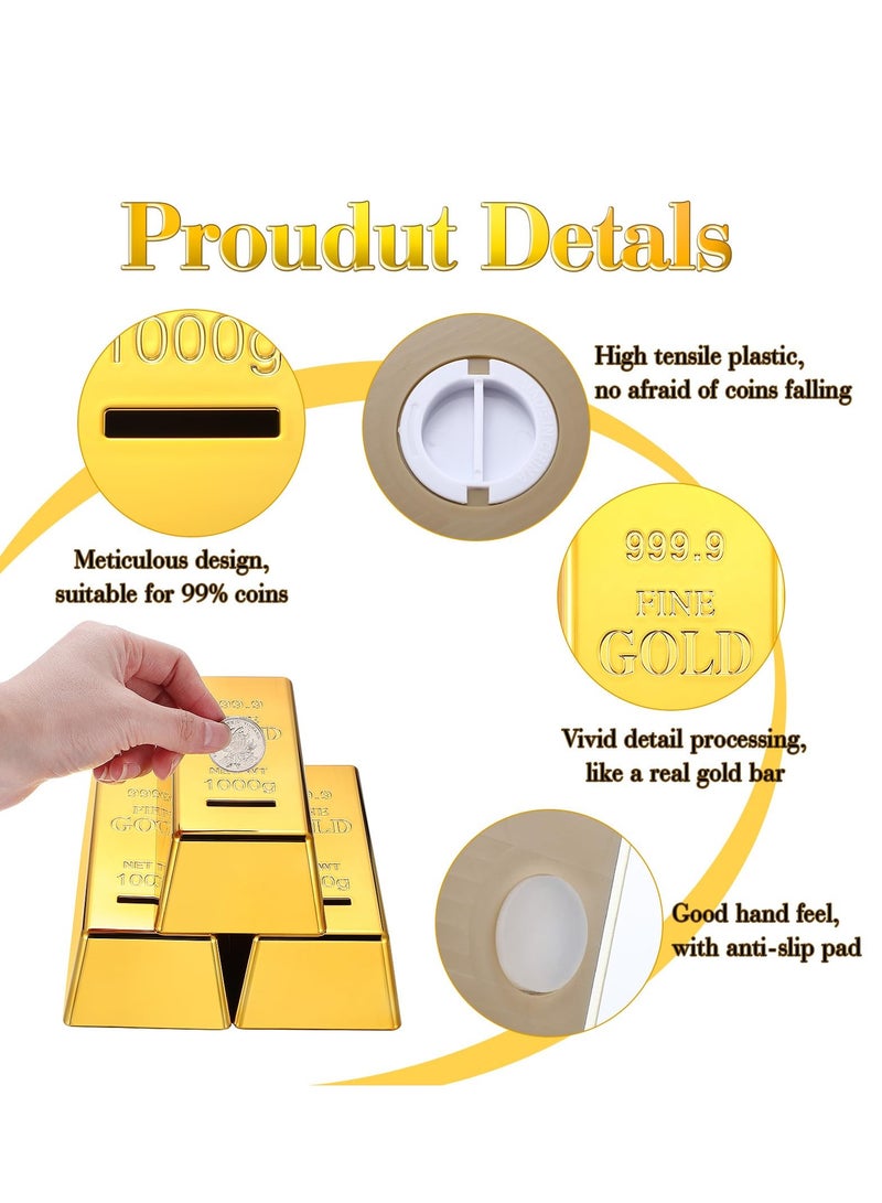 SYOSI صندوق توفير نقود على شكل قضبان ذهبية مزيفة 6.5 بوصة - صندوق بنك عملات قضبان ذهبية بلاستيكية غير قابلة للكسر - وعاء نقود لتوفير المال للأطفال والكبار - زينة هدايا مبتكرة لأعياد الميلاد والمهرجانات 3 قطع - Image 3