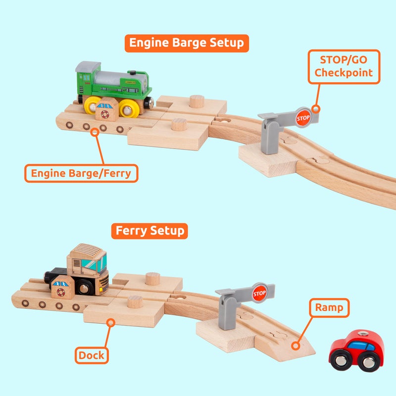 Orbrium Wooden Train Tracks 68 Piece Expansion Pack Accessories with Arched Bridge, Engine Barge, Dock, Stop & Go Checkpoint, Signal Pole, Cross Track Compatible with Thomas, Brio Wooden Railways ORBRIUM - Image 3