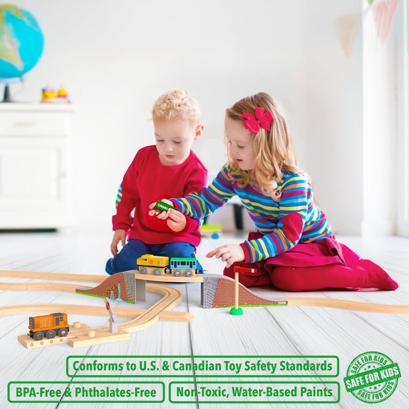 Orbrium Wooden Train Tracks 68 Piece Expansion Pack Accessories with Arched Bridge, Engine Barge, Dock, Stop & Go Checkpoint, Signal Pole, Cross Track Compatible with Thomas, Brio Wooden Railways ORBRIUM - Image 2