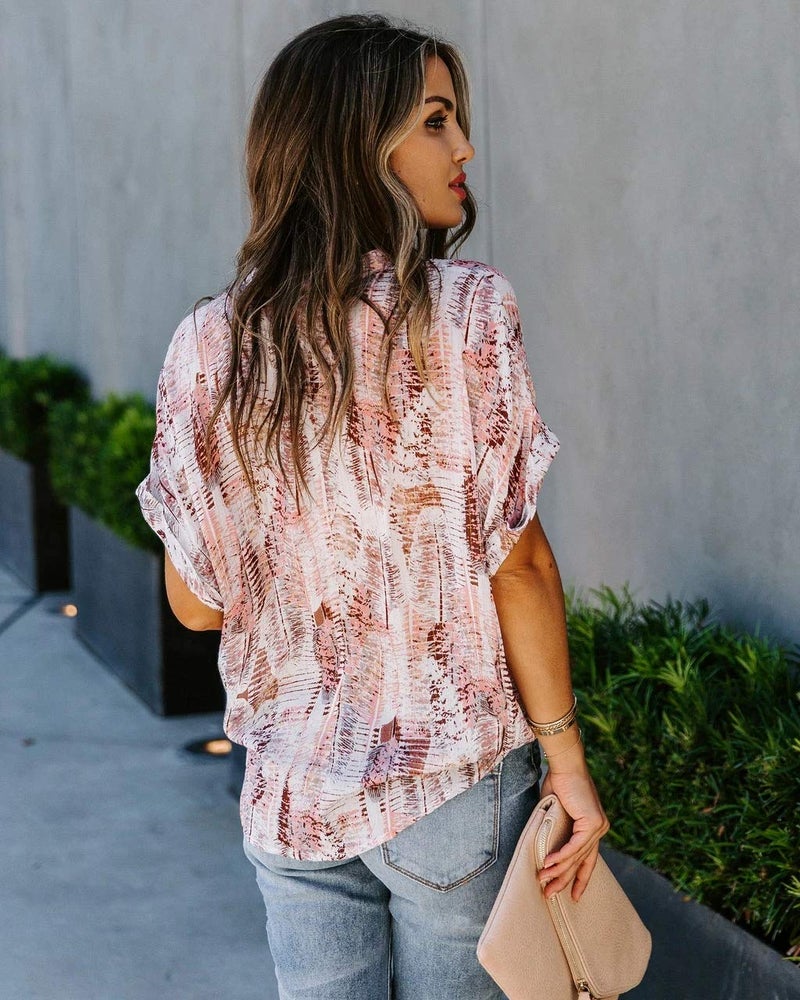 ANCAPELION Women’s Summer Chiffon Blouse Casual Short Sleeve V Neck Shirt Loose Printed Cuffed Sleeve Tunic Tops for Women Light Pink Printed X-Large - Image 2