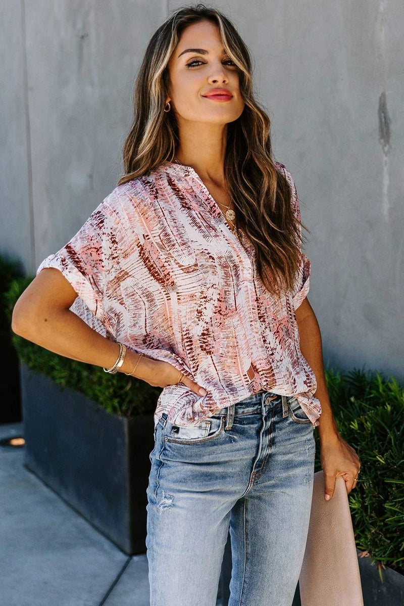 ANCAPELION Women’s Summer Chiffon Blouse Casual Short Sleeve V Neck Shirt Loose Printed Cuffed Sleeve Tunic Tops for Women Light Pink Printed X-Large - Image 4