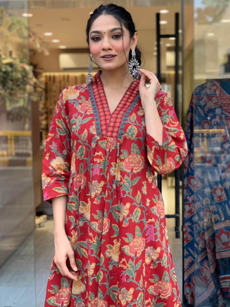 Arayna Women's Pure Cotton Block Printed Kurta Set with Palazzo Pants & Dupatta - Ethnic Wear, Red, 3X-Large - Image 2