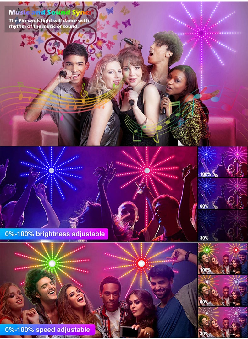 Firework LED Lights USB Starburst Fairy Lights, Bluetooth Smart RGB Color Changing Firework Lights with Music Sync, LED Fireworks Lights for Home Decoration, Party, Wall Decor