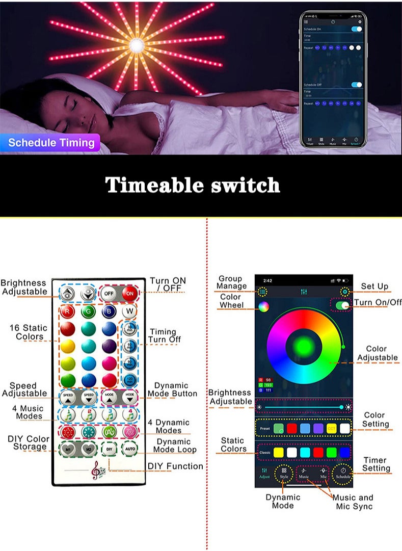 Firework LED Lights USB Starburst Fairy Lights, Bluetooth Smart RGB Color Changing Firework Lights with Music Sync, LED Fireworks Lights for Home Decoration, Party, Wall Decor