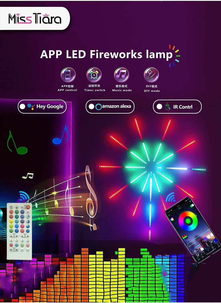 Firework LED Lights USB Starburst Fairy Lights, Bluetooth Smart RGB Color Changing Firework Lights with Music Sync, LED Fireworks Lights for Home Decoration, Party, Wall Decor