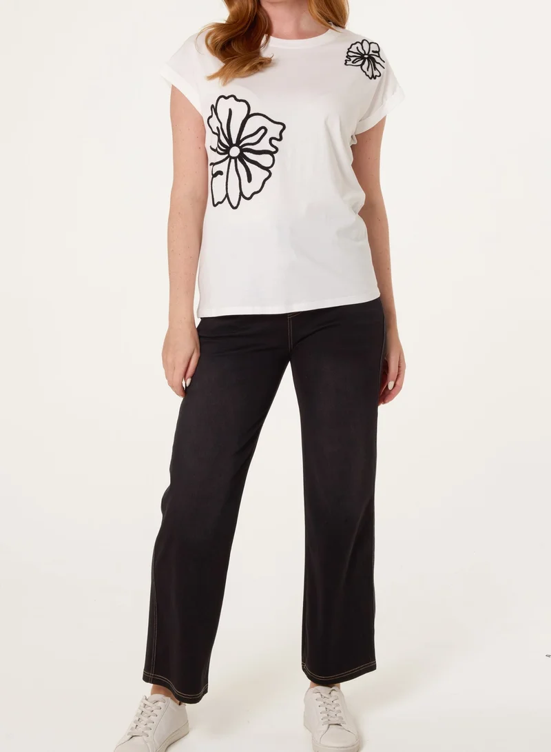 Blue Vanilla T-Shirt With Big Floral Embroidery